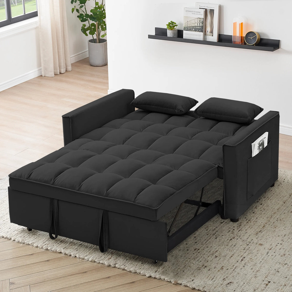 55 in Convertible Futon Sofa Bed, Modern Loveseat Sleeper Sofa Couch with Pull - Out Sofa Bed for Living Room, Small Space - Black