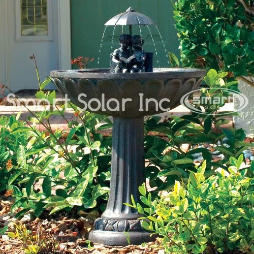 Smart Solar Umbrella Solar Garden Water Fountain, Boy & Girl Reading on Bench