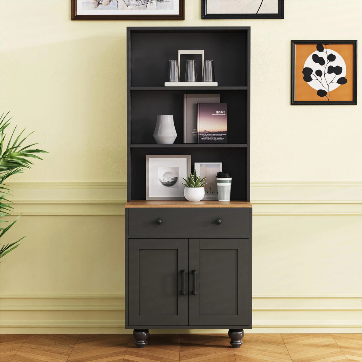 Euroco 110" Entertainment Center Wall Unit Set with Glass Display Cabinets, Adjustable Shelves & Vintage TV Stand for Tvs up to 85", Farmhouse Style Media Console with Storage, Gourd Legs