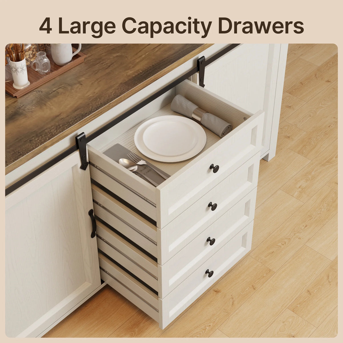 Coffee Bar Cabinet, Lofka 60" Buffet Cabinet with Storage, 2 Sliding Barn Doors & 4 Drawers for Kitchen, White + Rustic Brown