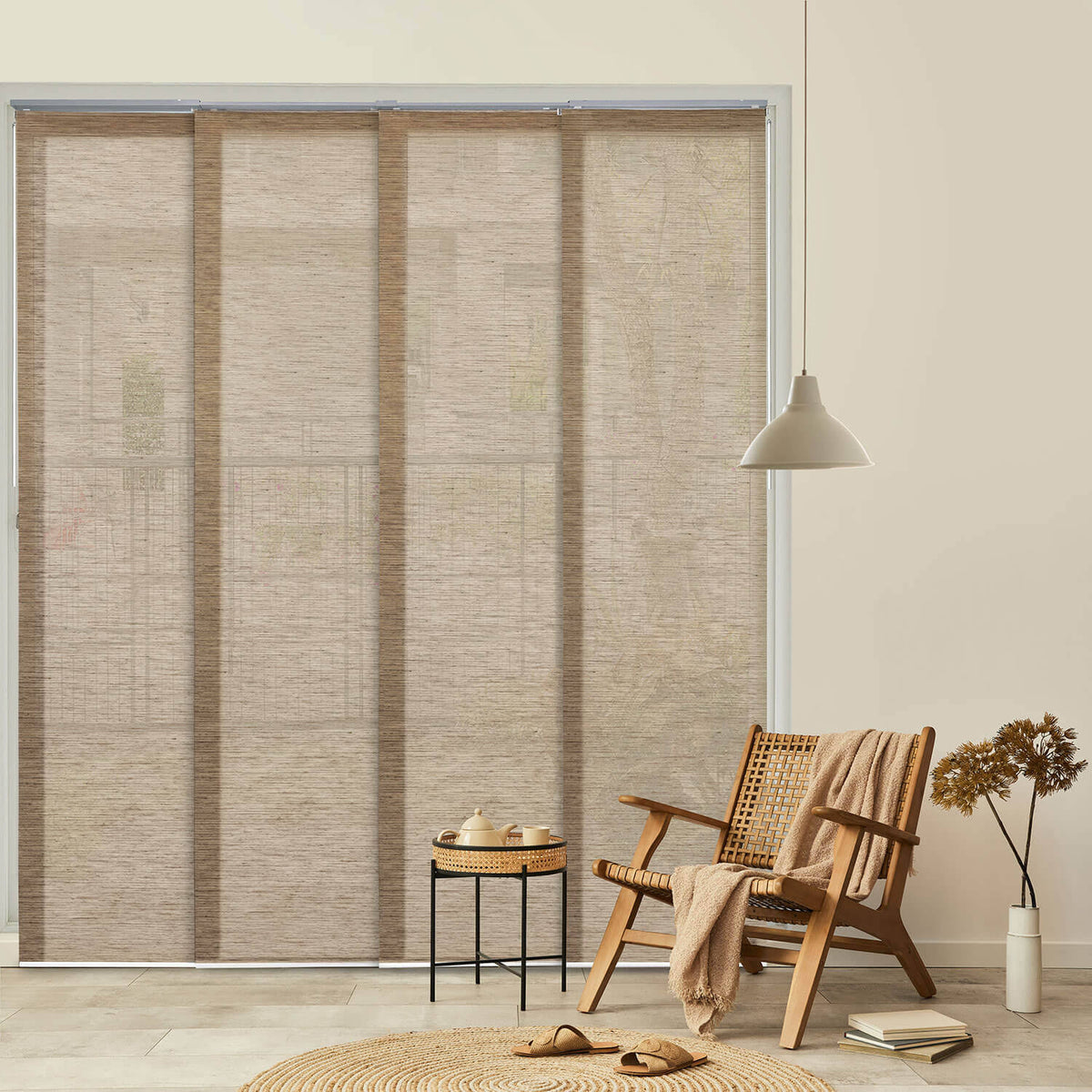 GoDear Design Adjustable Sliding Panel Track Blind 45.8 inch- 86 inch W x 96 inch H, Vertical Blinds, Yoga, Size: 45.8-86 W x 96 H, Beige
