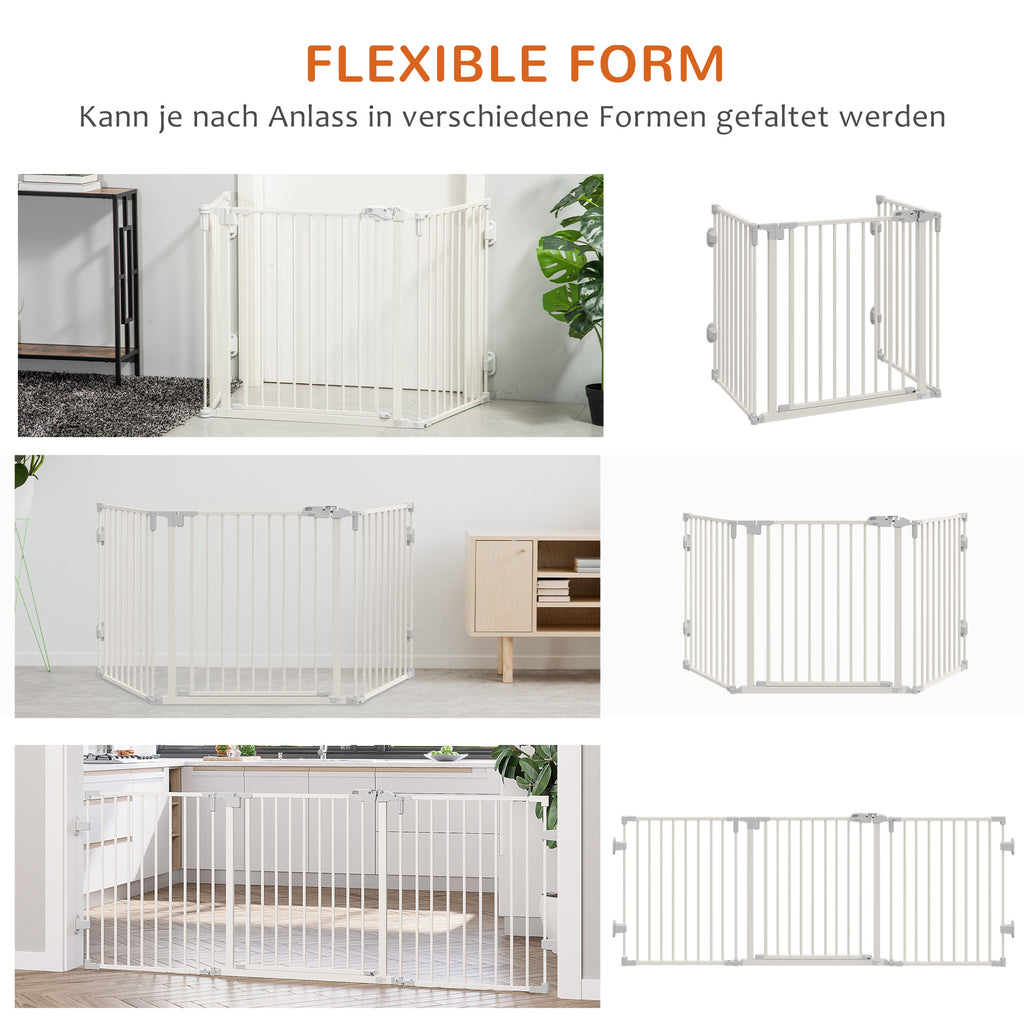 PawHut Hunde Absperrgitter Türschutzgitter Haustierschutzgitter verstellbar klappbar Kamingitter mit automatische schließenden Tür 3 Paneele für Ofen Wandmontage/Freistehend Weiß 202,5 x 76 cm