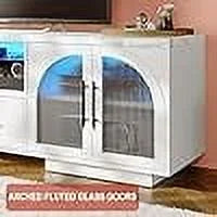 TV Stand for 75 in TV, LED TV Stand for Living Room, 70" Entertainment Center with Arched Glass Doors, Faux Marble Wood Finish Top, Adjustable Shelves, and LED Lighting, Black