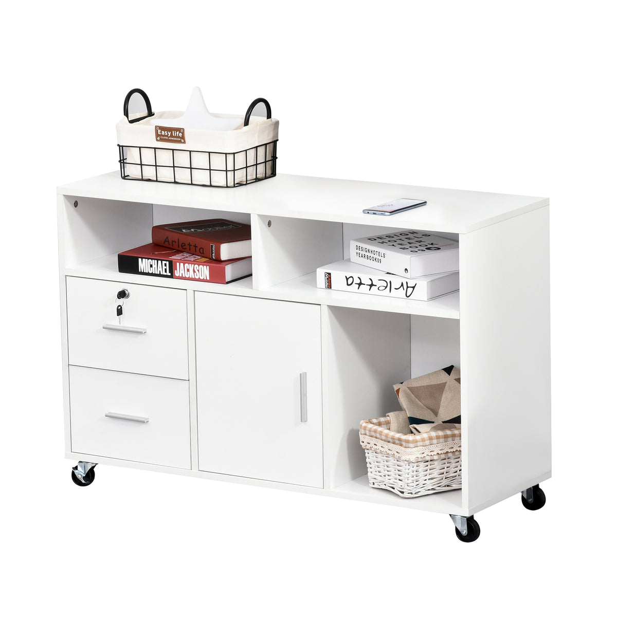 HOMCOM Bürocontainer mit Rollen, Aktenschrank, Büroschrank, Sideboard, Badezimmerschrank für Büro, Küche, Schlafzimmer, Wohnzimmer Spanplatte, Weiß, 100 x 35 x 65 cm