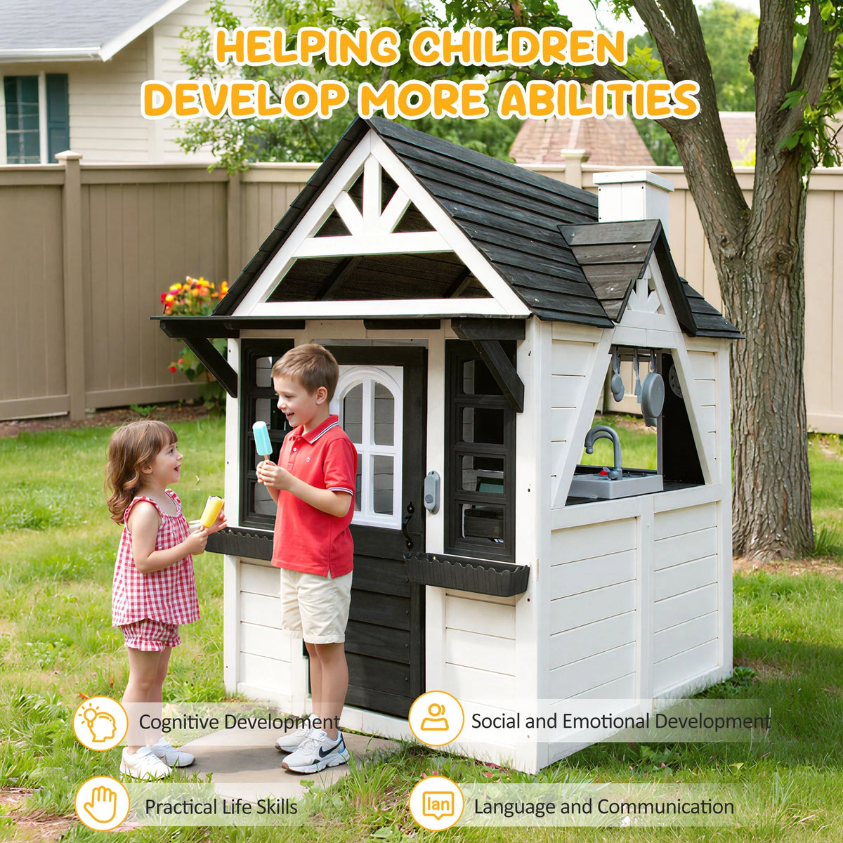COCLUB Outdoor Playhouse for Kids Ages 4 - 8, Wooden Play House with Doorbell, Phone, Kitchen Toys, Outdoor Kids Play Equipment, Casa Para Niñas (45"l x 65"h), White & Black