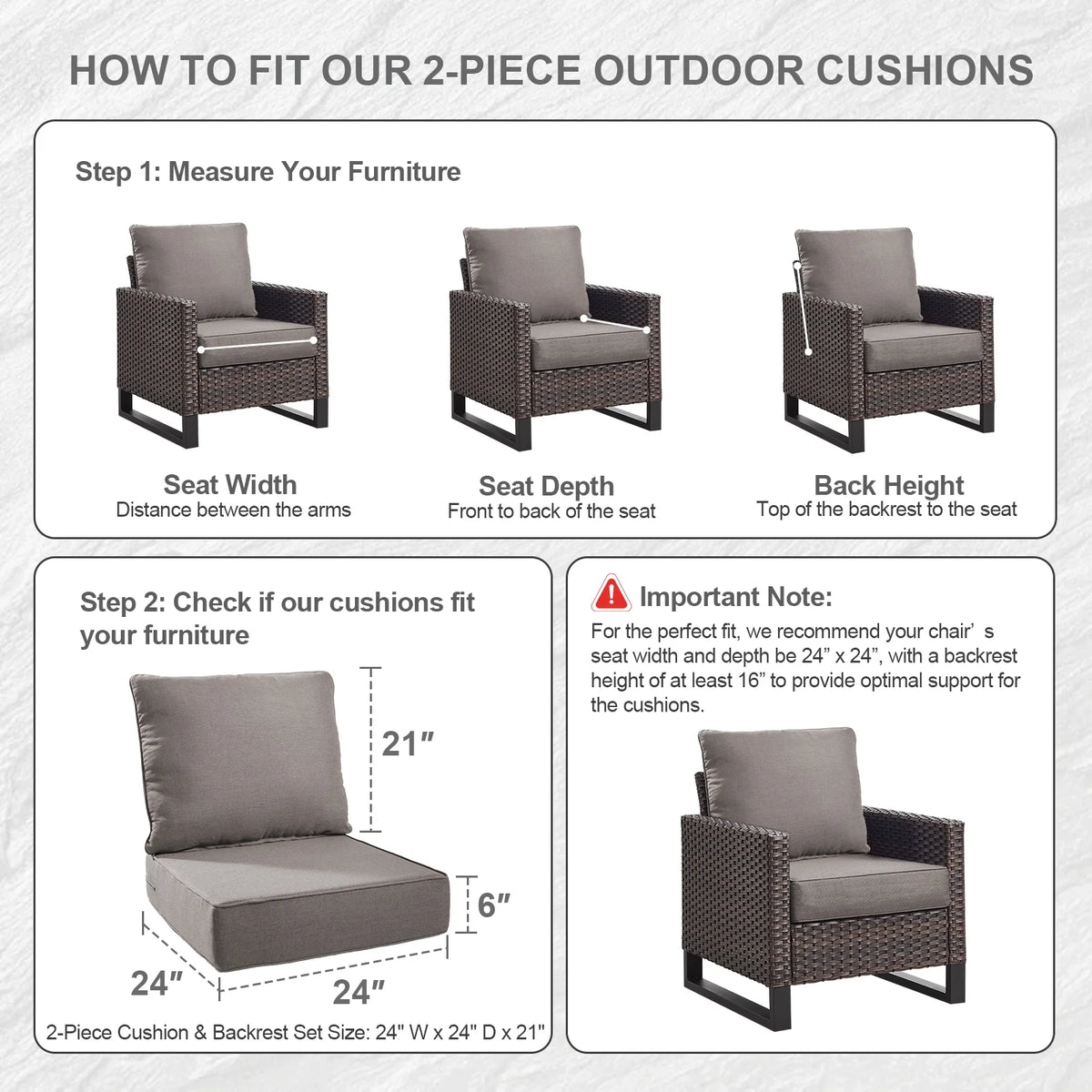 Bellefurn Outdoor Deep Seat Cushion 24 X 24 X 6 in for Patio Furniture, Outdoor Chair Cushions Waterproof & Fade Resistant Patio Furniture Cushions for Wicker Chair, Sofa, Couch