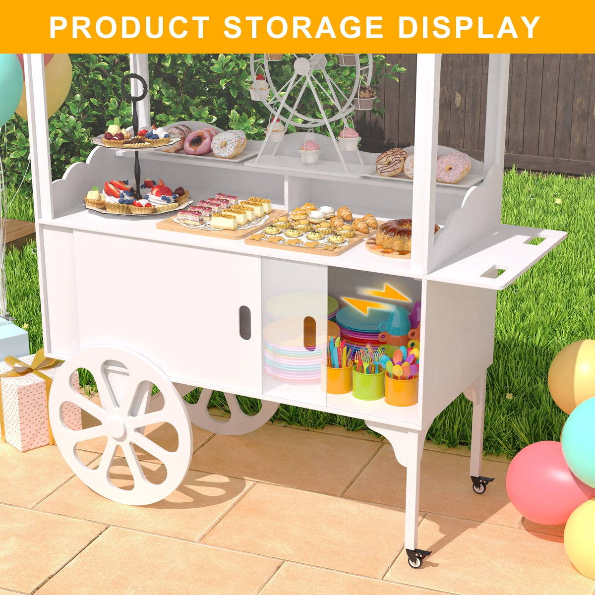 Candy Cart with Wheels for Party .wood Dessert Cart with Storage Cabinet