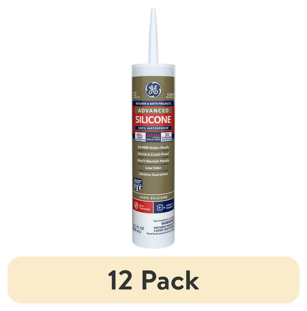 (12 Pack) GE Advanced Silicone Kitchen & Bath Sealant. Pack of 1. Clear 10.1 Fl Oz Cartridge