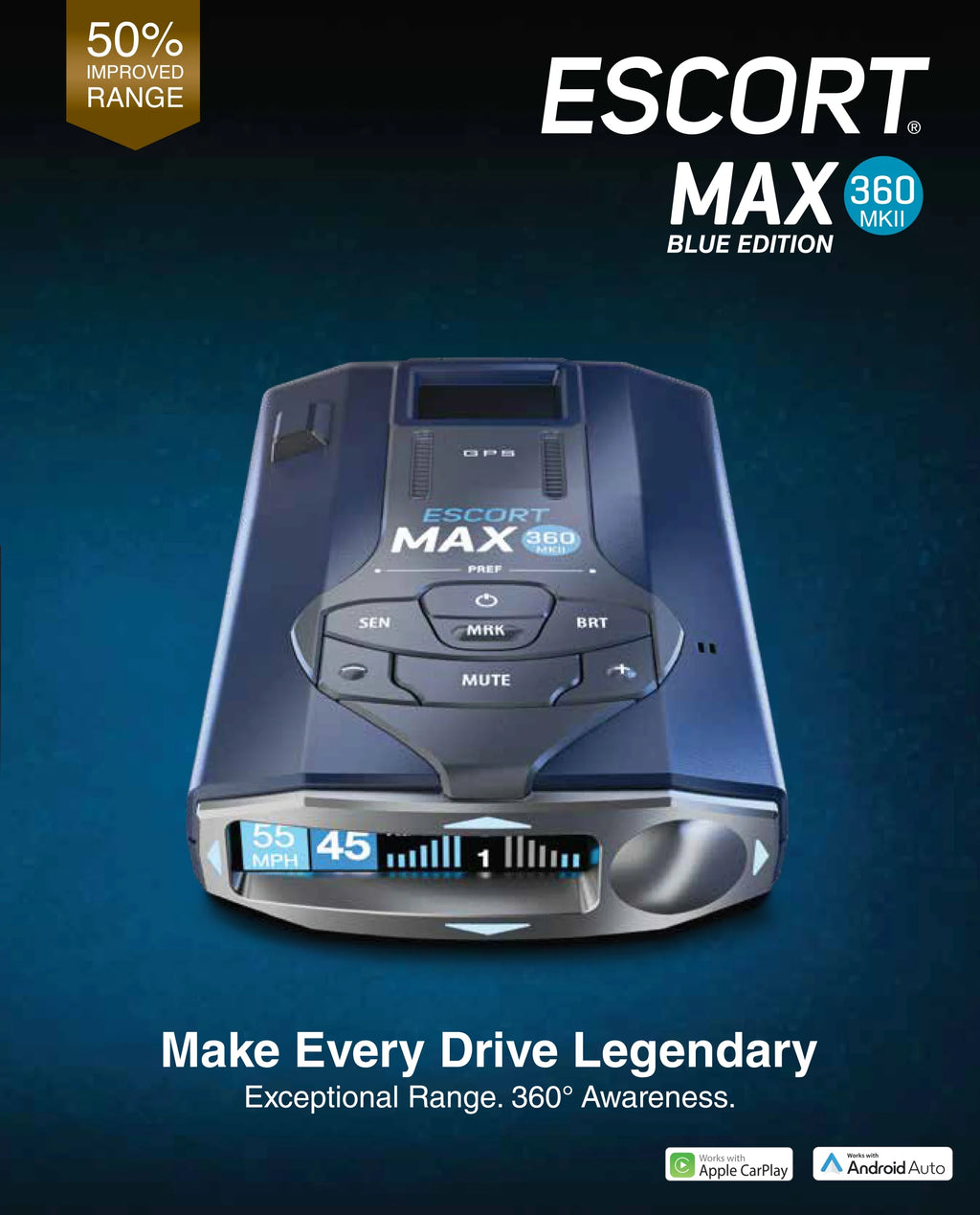 Escort MAX 360 MKII Bluetooth Radar Detector (Blue Edition), 360 Awareness, Exceptional Range, Apple Carplay & Android Auto