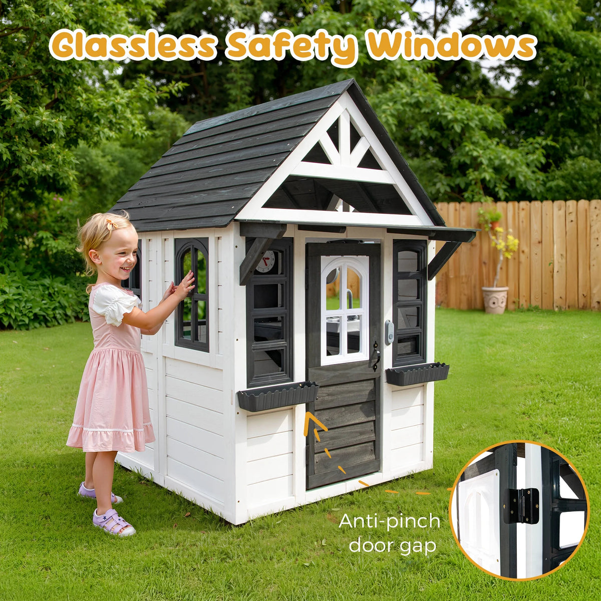 COCLUB Outdoor Playhouse for Kids Ages 4 - 8, Wooden Play House with Doorbell, Phone, Kitchen Toys, Outdoor Kids Play Equipment, Casa Para Niñas (45"l x 65"h), White & Black