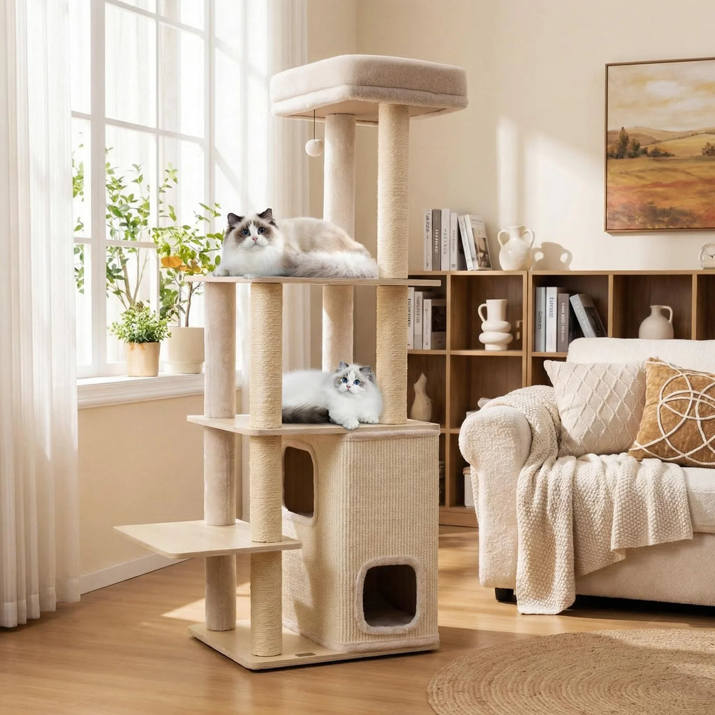 Tangkula Tall Cat Tree 63 Inch Multi-Level Wood Cat Tower