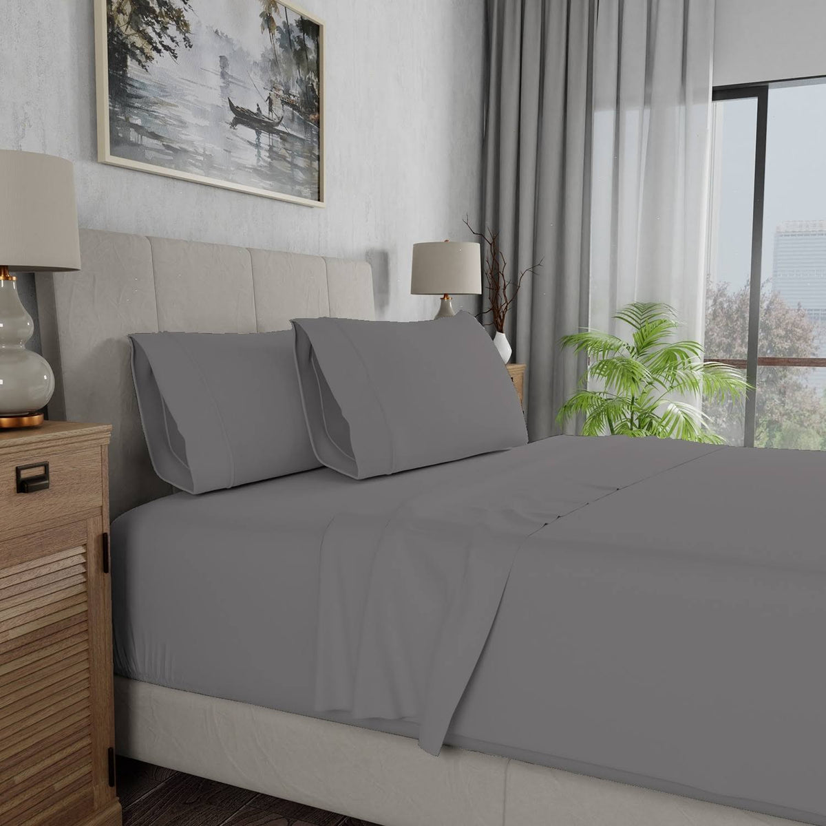 Color Sense 100% Cotton Percale Sheet Set Queen Dark Gray