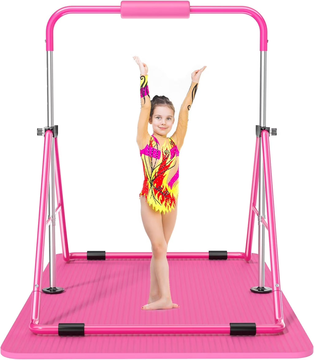 Safly Fun Gymnastics Bar with Mat for Kids, Height Adjustable Junior Training Bar Mat for Home, Folding Gymnastic Horizontal Bars Equipment (Pink+Mat)