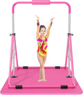 Safly Fun Gymnastics Bar with Mat for Kids, Height Adjustable Junior Training Bar Mat for Home, Folding Gymnastic Horizontal Bars Equipment (Pink+Mat)