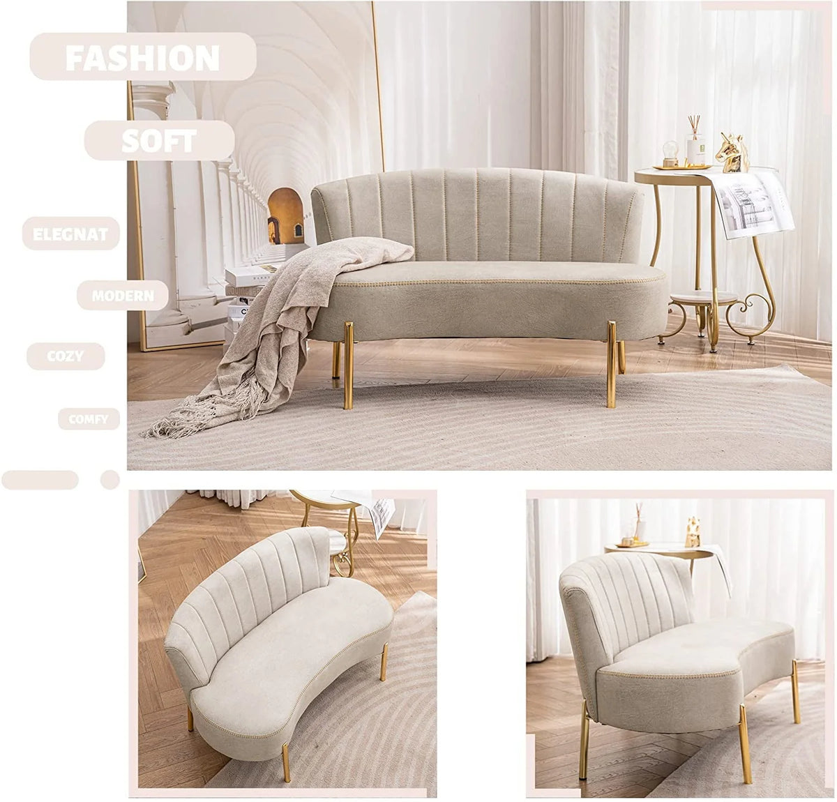 Andeworld Upholstered Small Sofa Couch Modern Loveseat Accent Ottoman Bench Bed Bench Entryway Bench with Backrest for Living Room Bedroom Beige