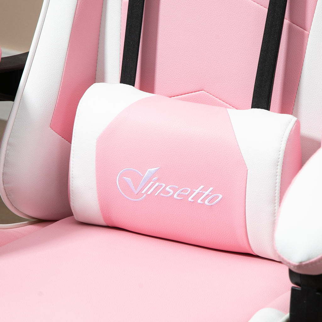 Vinsetto Gamingstuhl Computerstuhl Ergonomischer Bürostuhl Gamer Stuhl mit Kopfstütze Lendenkissen Bürostuhl höhenverstellbar 360°drehbar Schaumstoff Kunstleder PVC Rosa+Weiß 64 x 67 x 119-127 cm