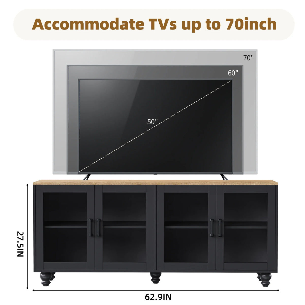 Euroco 110" Entertainment Center Wall Unit Set with Glass Display Cabinets, Adjustable Shelves & Vintage TV Stand for Tvs up to 85", Farmhouse Style Media Console with Storage, Gourd Legs