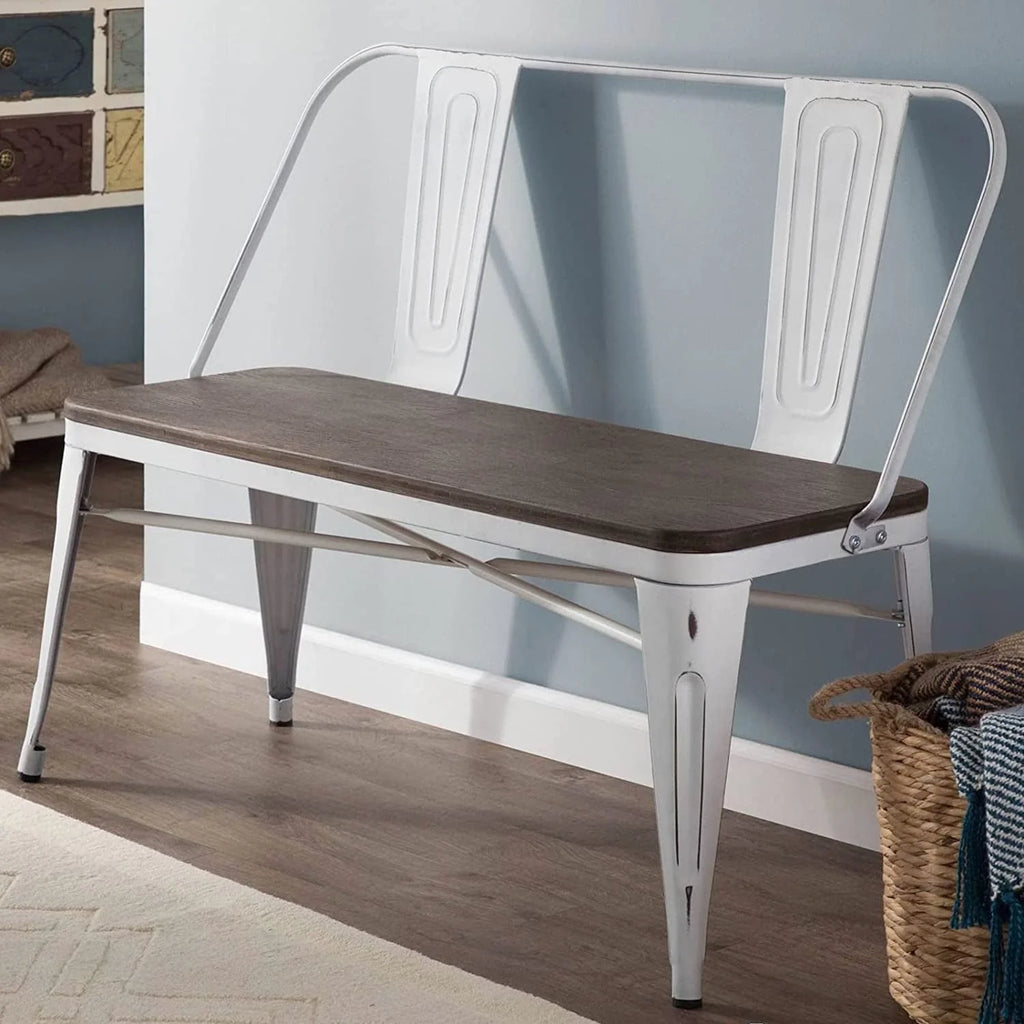 MELLCOM Metal Bench Industrial Mid - Century 2 Person Chair with Wood Seat, Dining Bench with Floor Protector