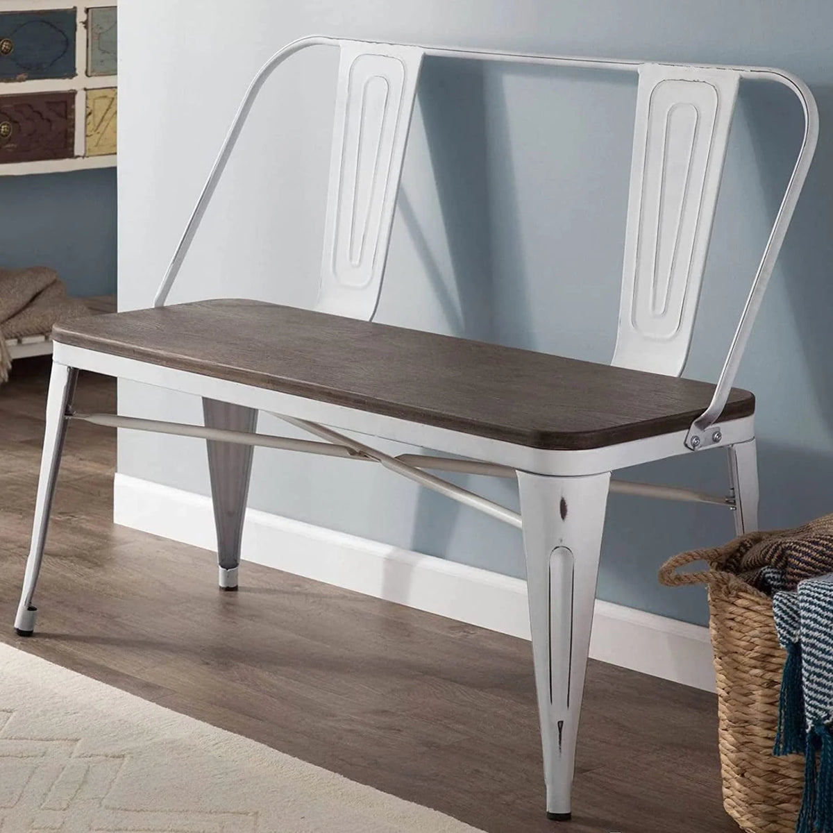 MELLCOM Metal Bench Industrial Mid - Century 2 Person Chair with Wood Seat, Dining Bench with Floor Protector