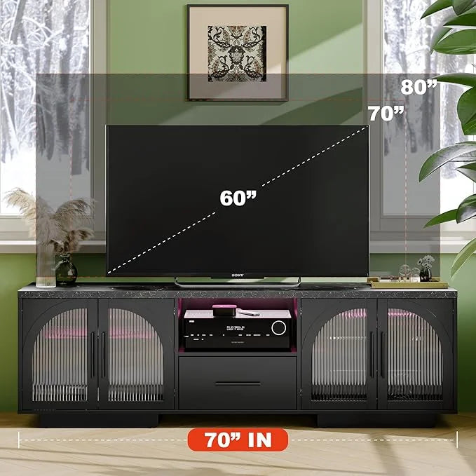 TV Stand for 75 in TV, LED TV Stand for Living Room, 70" Entertainment Center with Arched Glass Doors, Faux Marble Wood Finish Top, Adjustable Shelves, and LED Lighting, Black