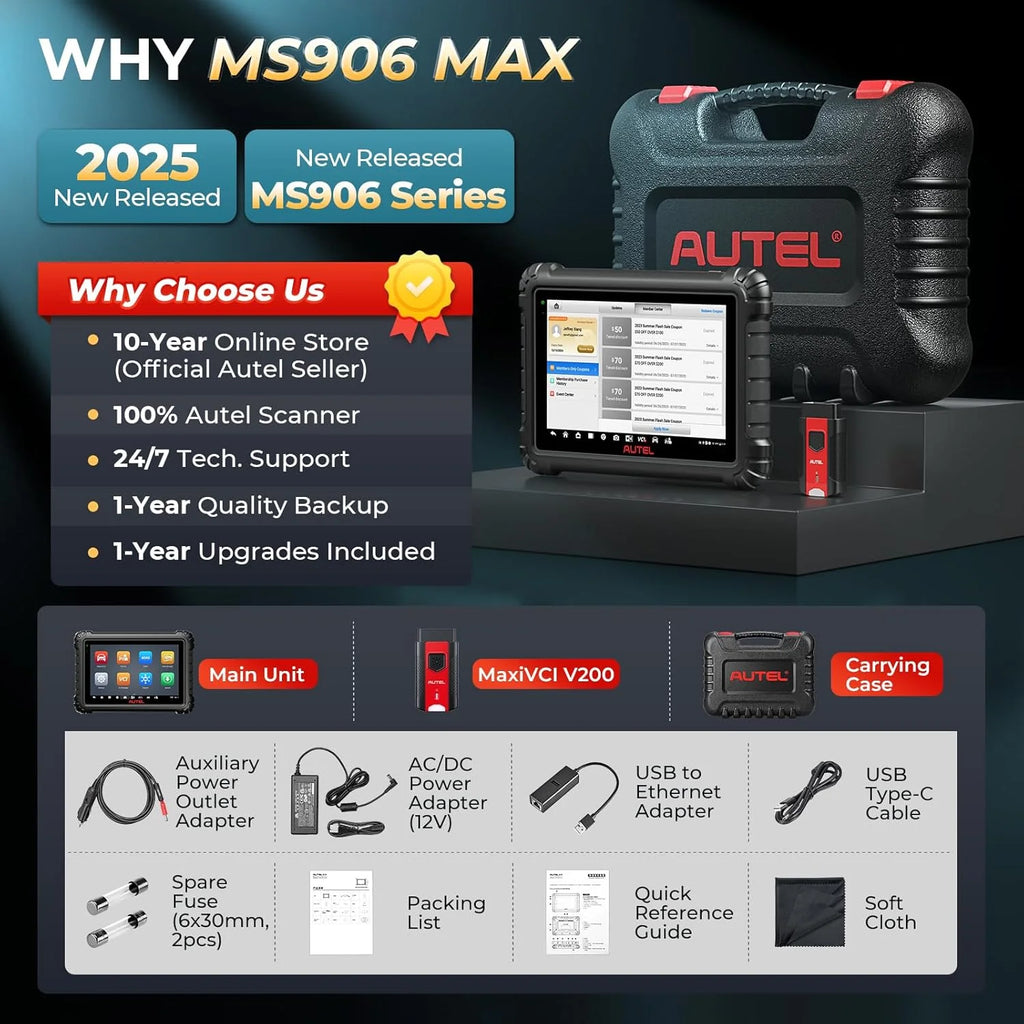 Autel Maxisys MS906 MAX Scanner W/Free PS100, 10.1" up of MS906 PRO/ MK908 II/MP900BT, Advanced ECU Coding, Bi - Directional Scan Tool, CAN FD&Doip VAG Guided
