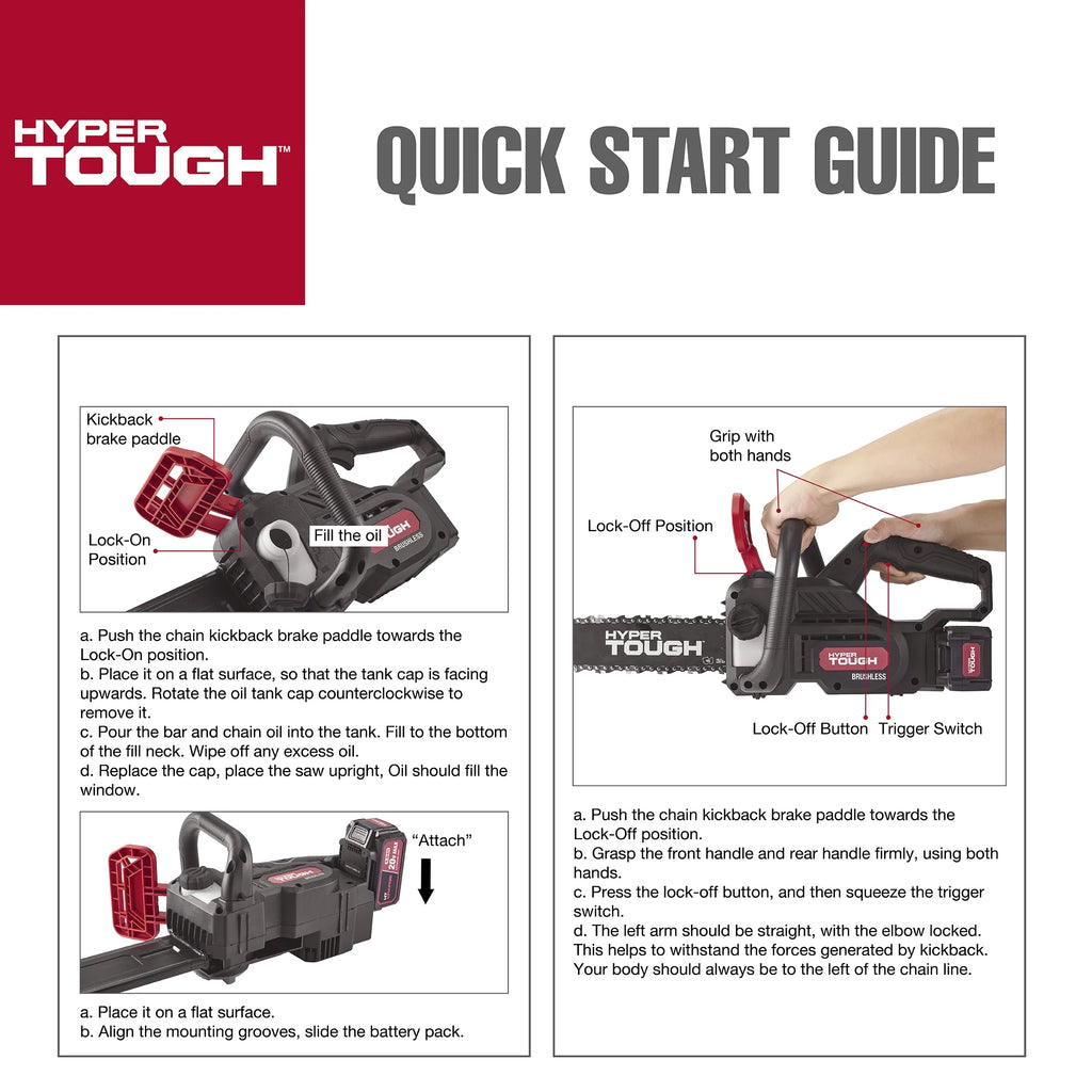 Hyper Tough 20V 4.0ah Battery Powered 12in Brushless Chainsaw, HT22 - 401 - 03 - 03