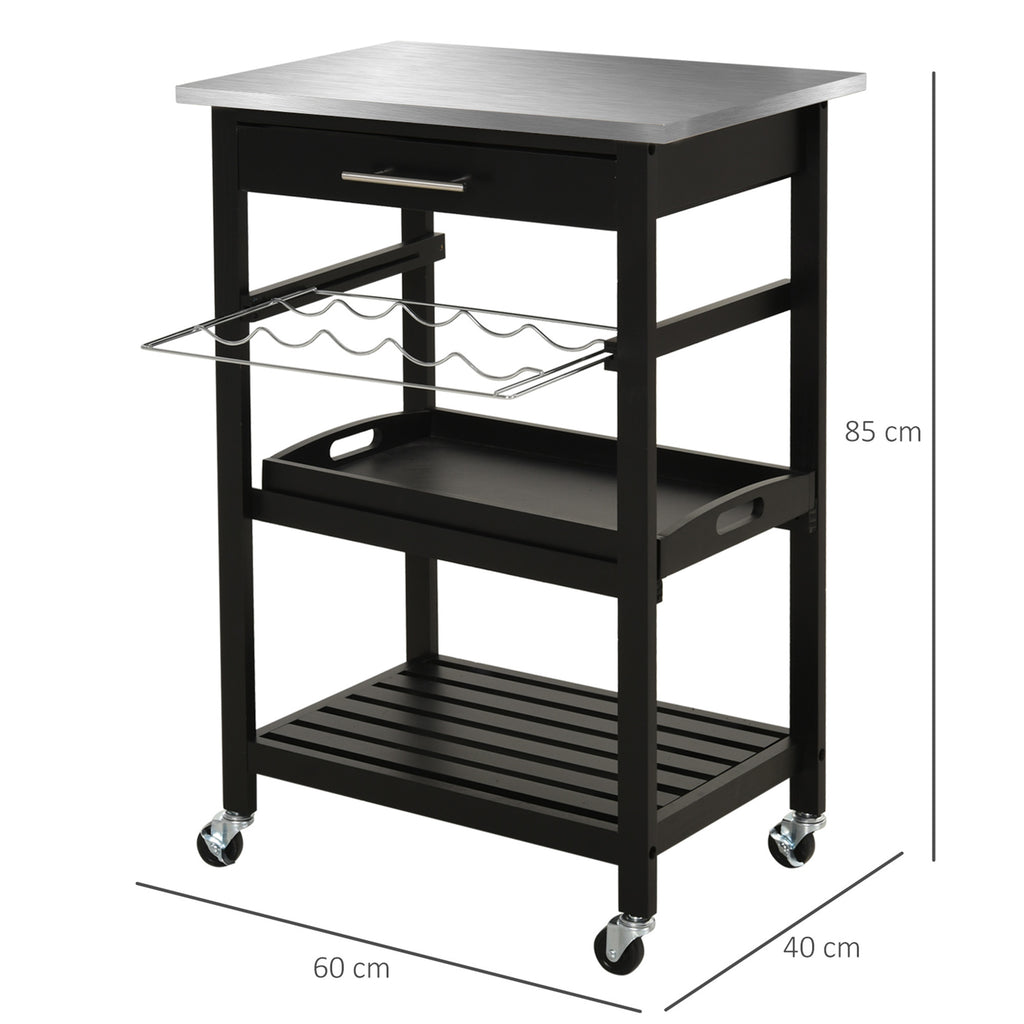 HOMCOM Küchenwagen Servierwagen Küchentisch auf Rollen mit Regal Flaschenablage 60B x 40T x 85H cm Arbeitsfläche aus Edelstahl Schwarz
