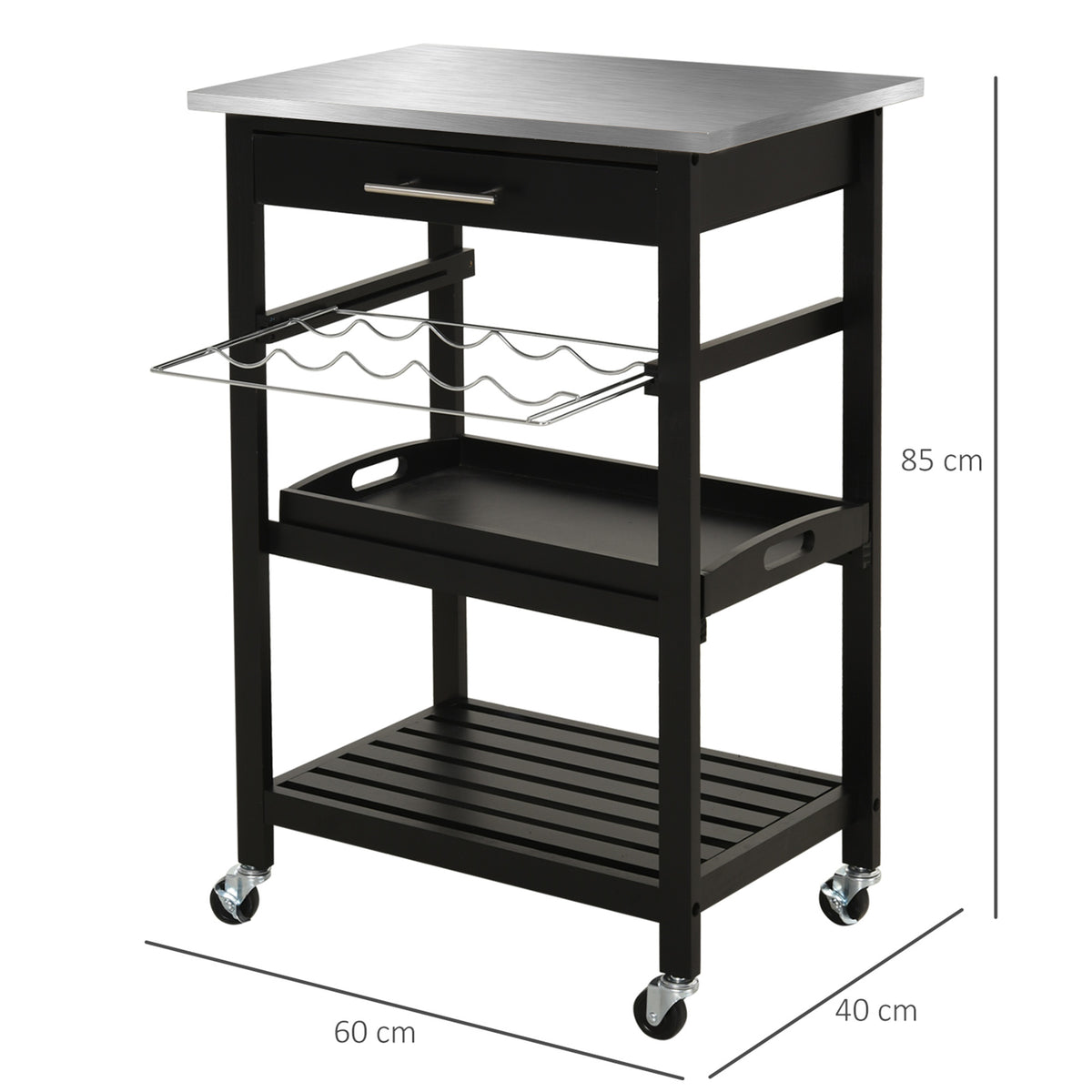 HOMCOM Küchenwagen Servierwagen Küchentisch auf Rollen mit Regal Flaschenablage 60B x 40T x 85H cm Arbeitsfläche aus Edelstahl Schwarz