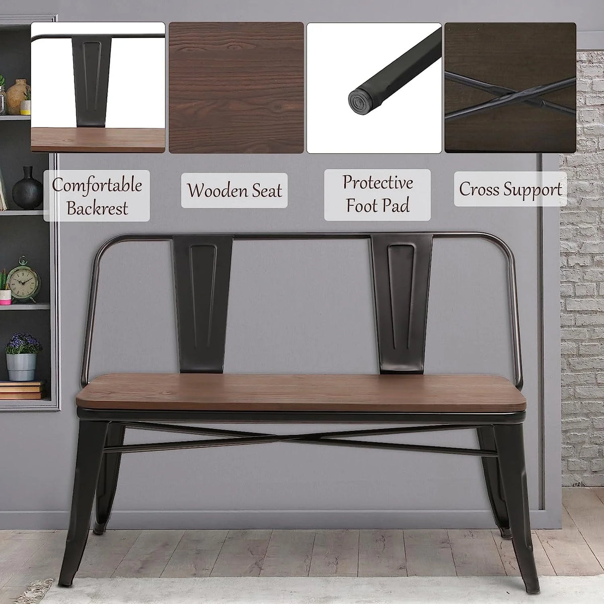MELLCOM Metal Bench Industrial Mid - Century 2 Person Chair with Wood Seat, Dining Bench with Floor Protector