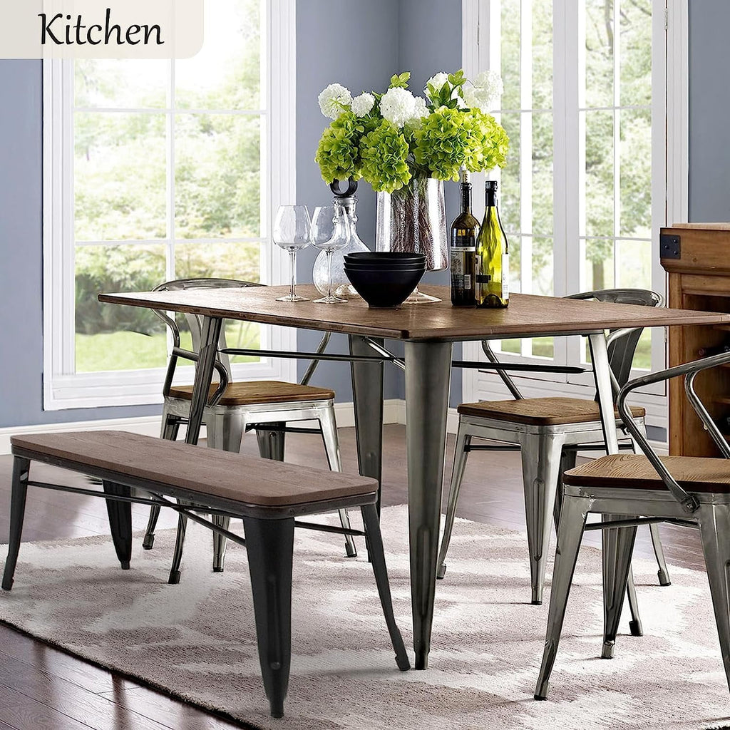 MELLCOM Metal Bench Industrial Mid - Century 2 Person Chair with Wood Seat, Dining Bench with Floor Protector