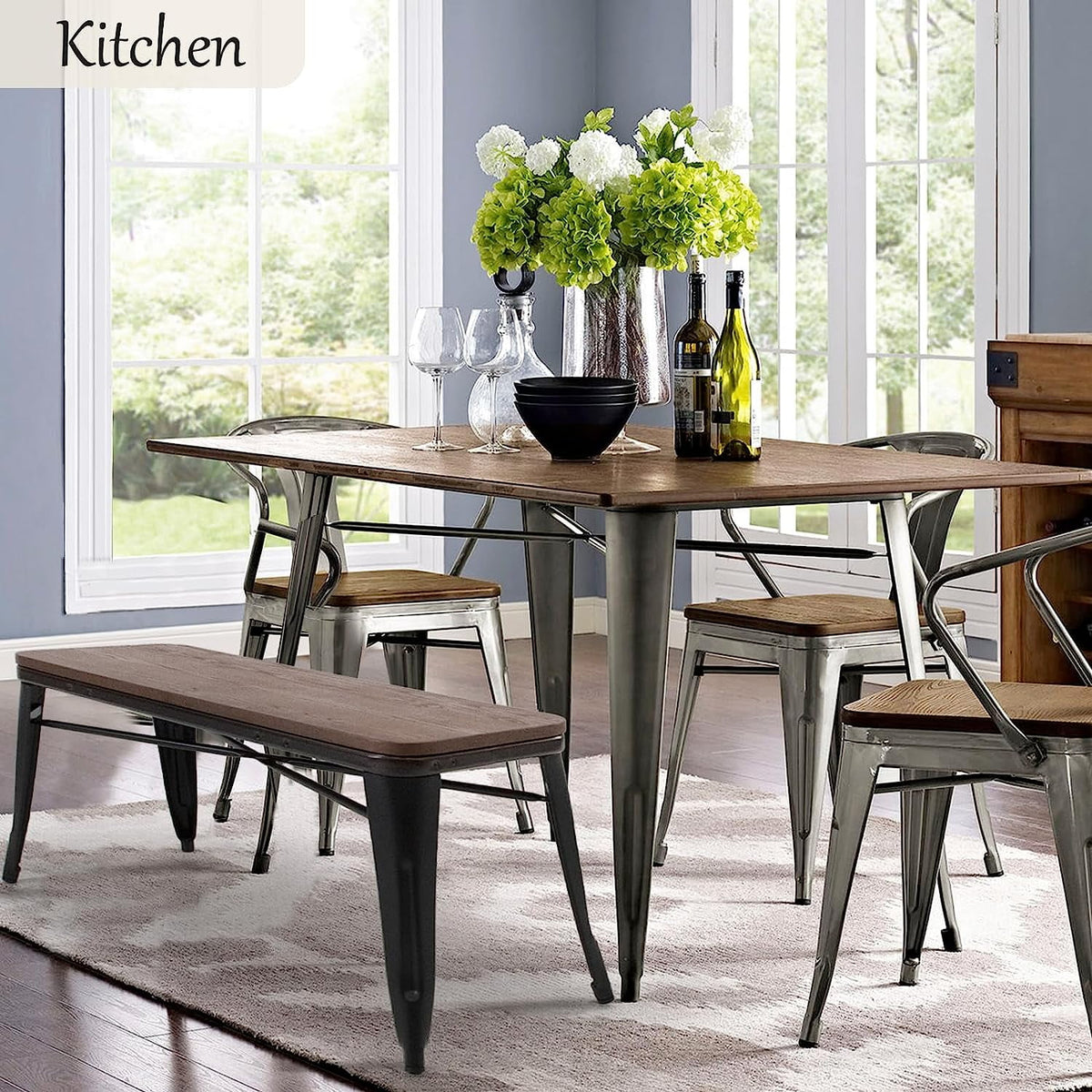 MELLCOM Metal Bench Industrial Mid - Century 2 Person Chair with Wood Seat, Dining Bench with Floor Protector