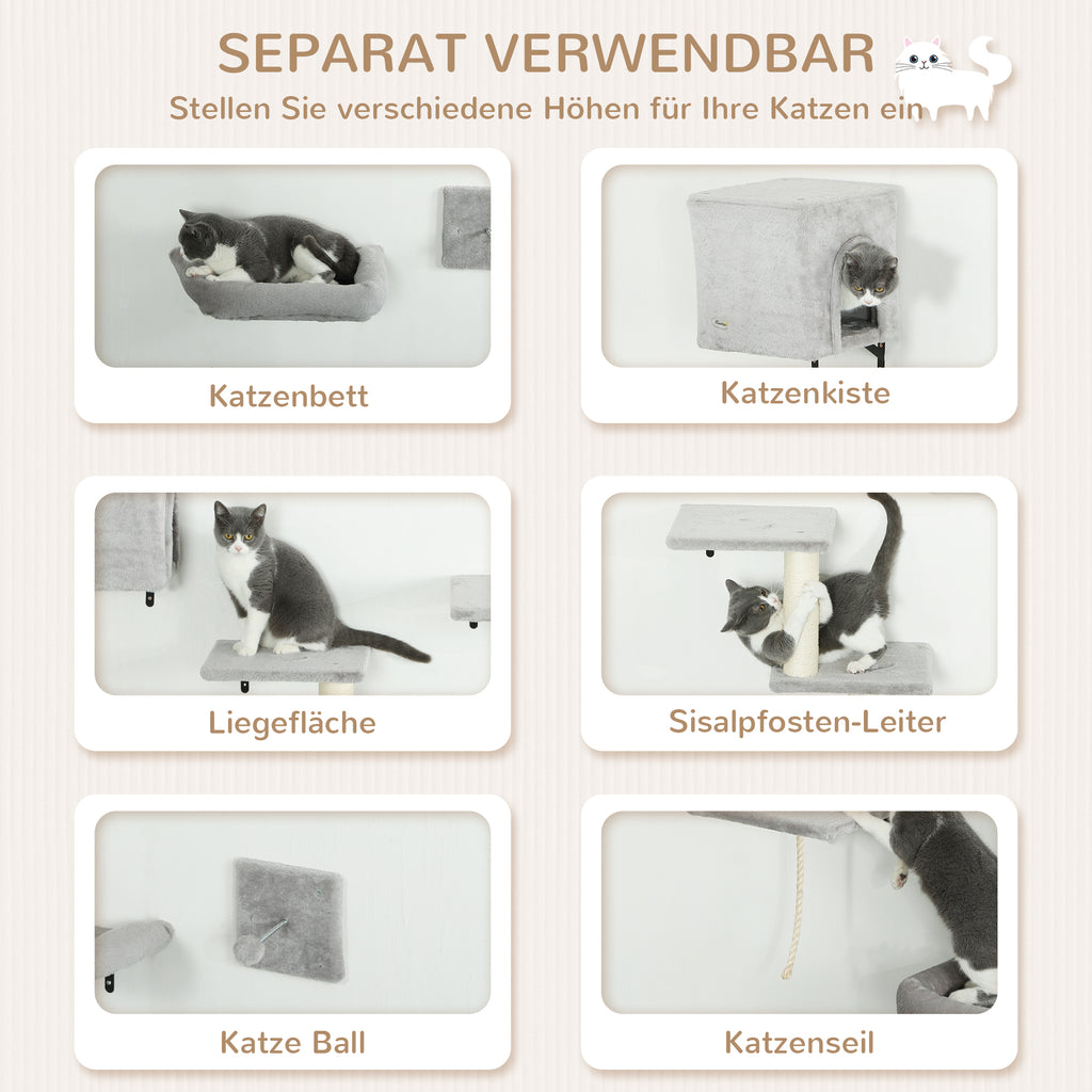 PawHut Kletterwand Katzen 7-teilig Katzen Kletterwand Set mit Katzenhaus, Plattform, Plattform Grau
