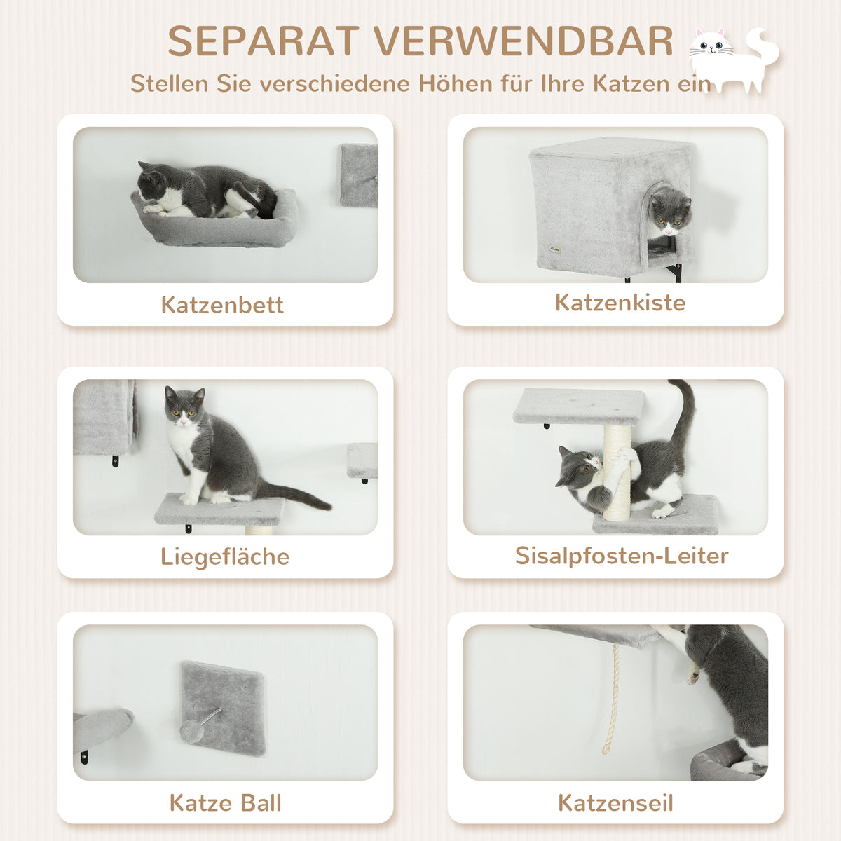 PawHut Kletterwand Katzen 7-teilig Katzen Kletterwand Set mit Katzenhaus, Plattform, Plattform Grau