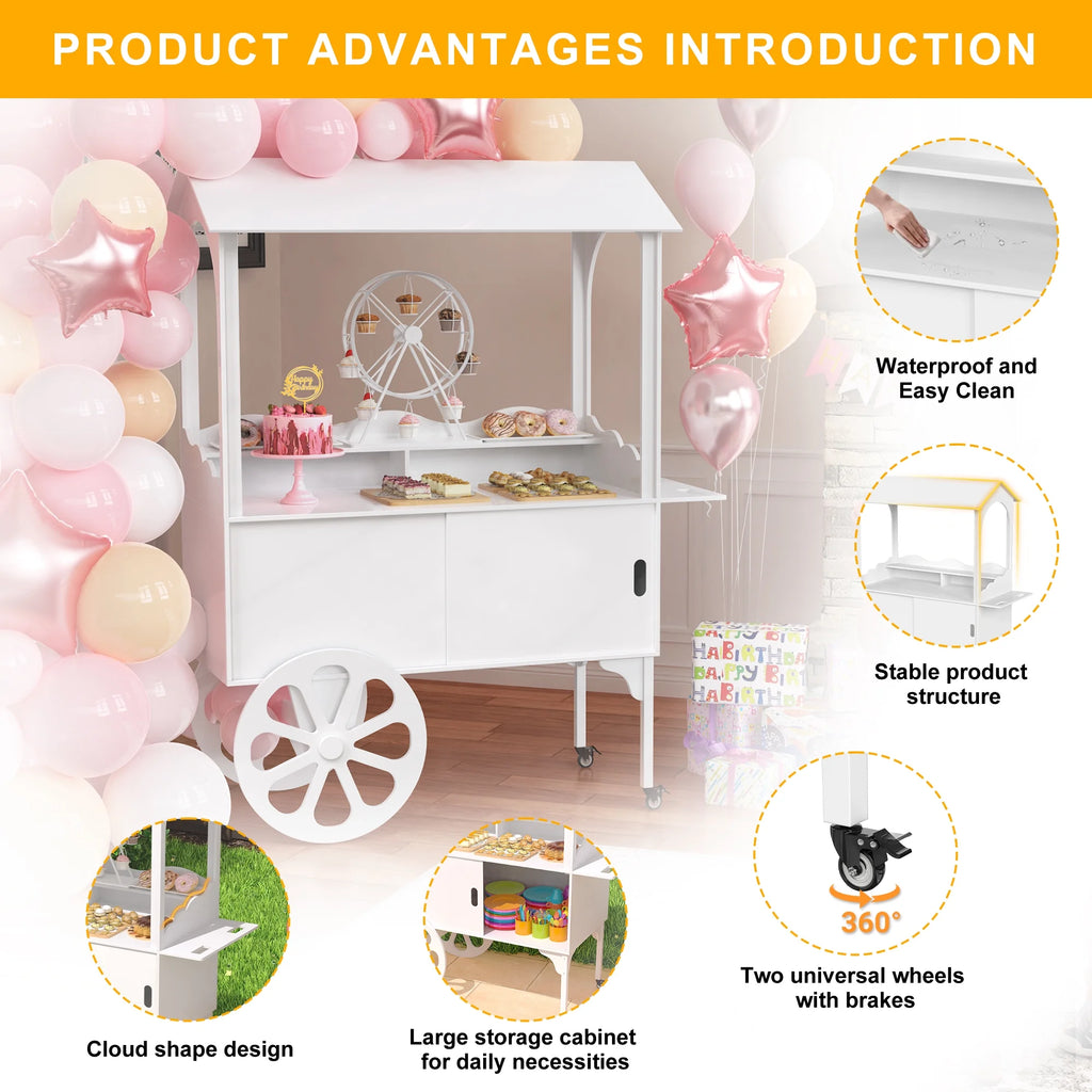 Candy Cart with Wheels for Party .wood Dessert Cart with Storage Cabinet