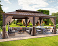 Mellcom 12' x 20' Hardtop Gazebo,Galvanized Steel Metal Double Roof Aluminum Gazebo with Curtain and Netting,Brown Permanent Pavilion Gazebo.
