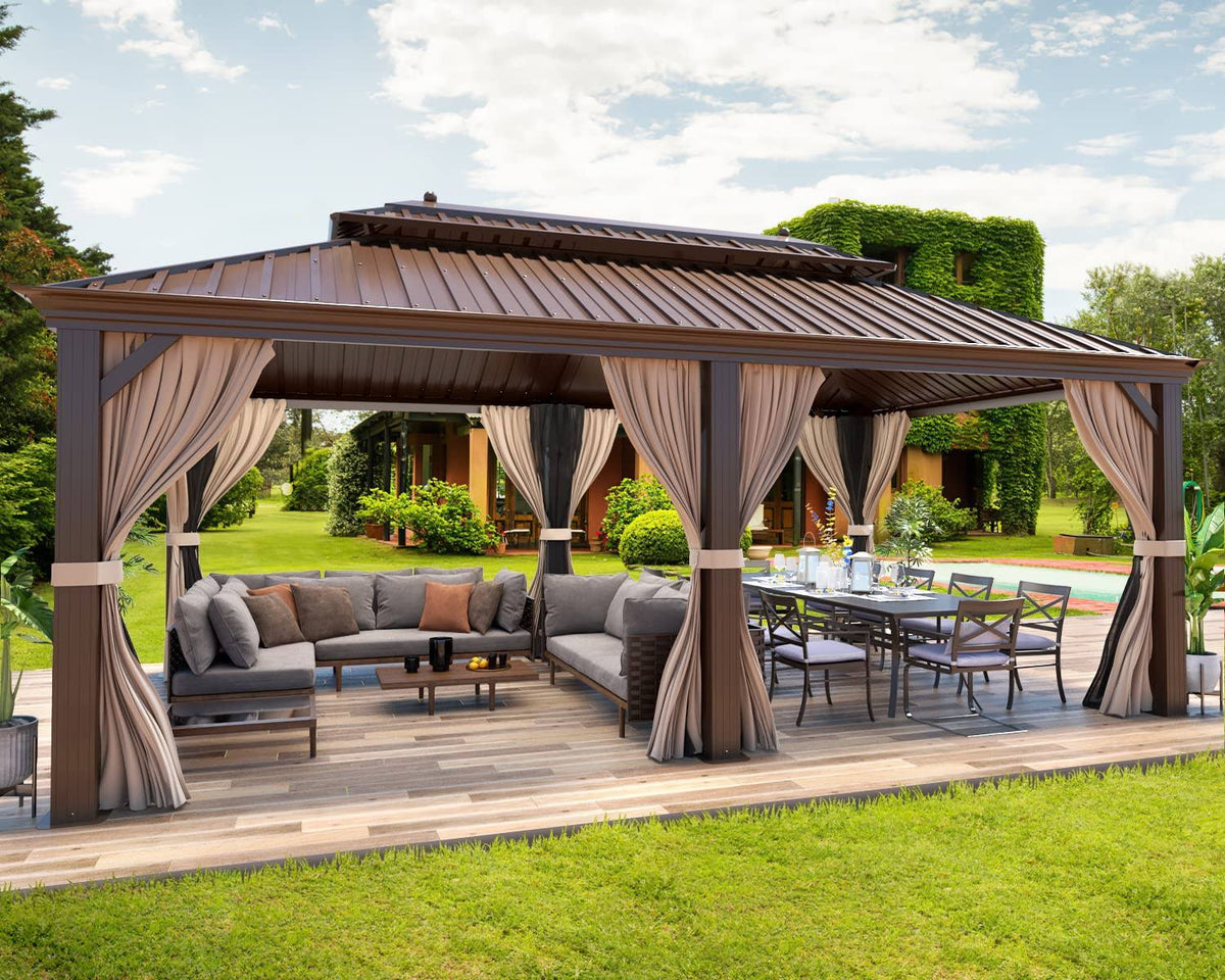 Mellcom 12' x 20' Hardtop Gazebo,Galvanized Steel Metal Double Roof Aluminum Gazebo with Curtain and Netting,Brown Permanent Pavilion Gazebo.