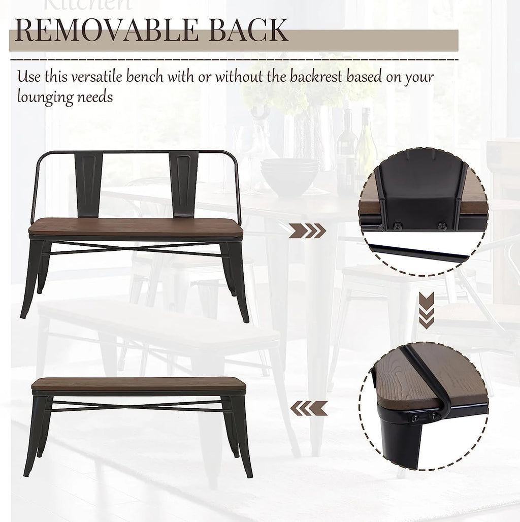 MELLCOM Metal Bench Industrial Mid - Century 2 Person Chair with Wood Seat, Dining Bench with Floor Protector