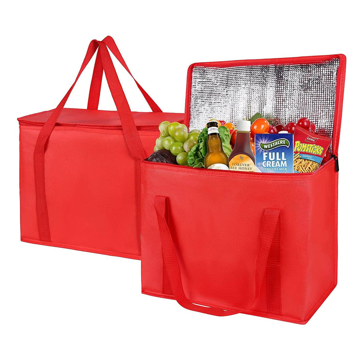 musbus 2-Pack XL-Large Insulated Grocery Shopping Bags, Red, Reusable, Heavy Duty, Zipped zipper,Collapsible,tote,cooler,groceries,for car,Recycled