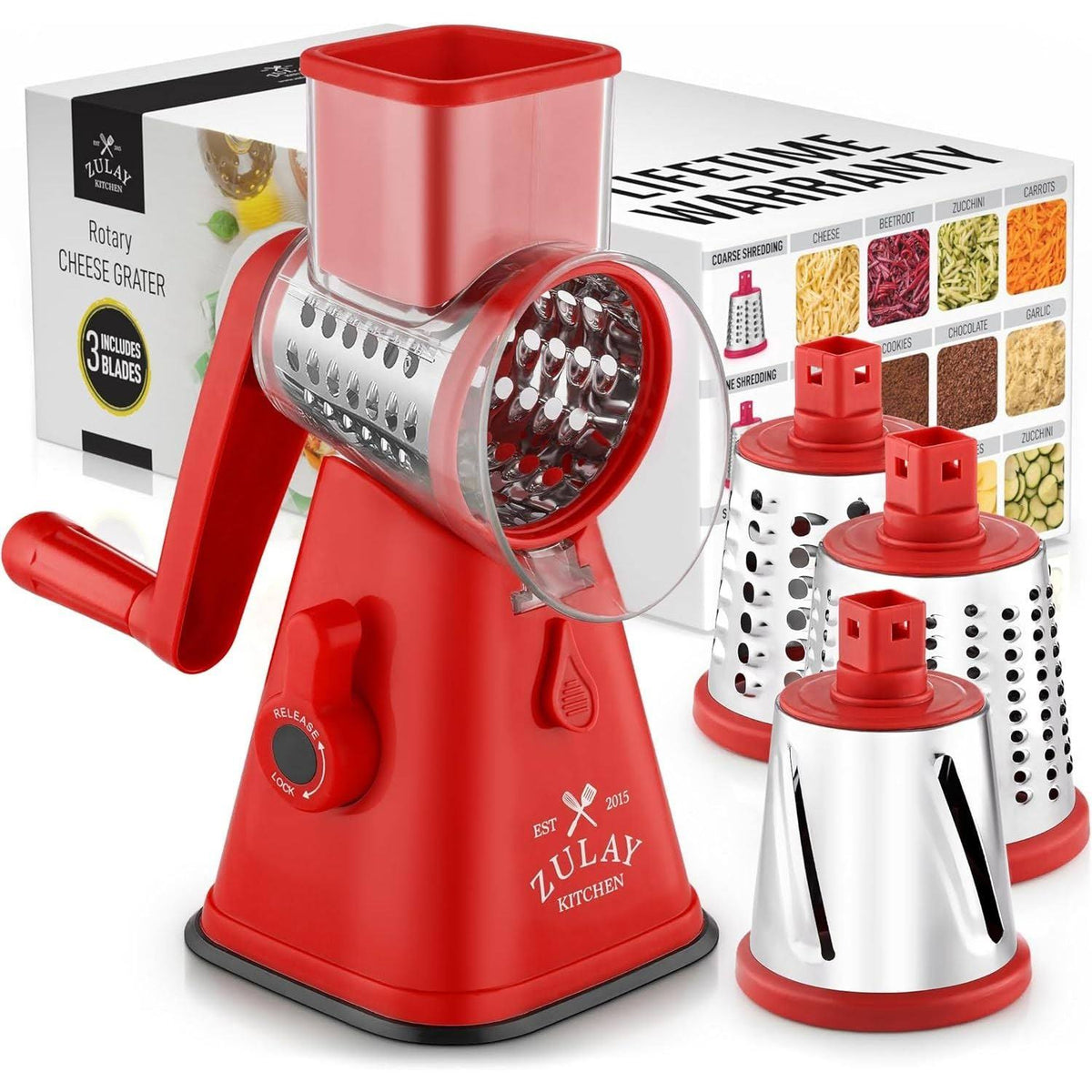 Zulay Kitchen Rotary Cheese Shredder Grater with 3 Replaceable Stainless Steel Drum Blades - Red