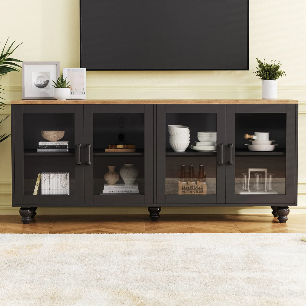 Euroco 110" Entertainment Center Wall Unit Set with Glass Display Cabinets, Adjustable Shelves & Vintage TV Stand for Tvs up to 85", Farmhouse Style Media Console with Storage, Gourd Legs