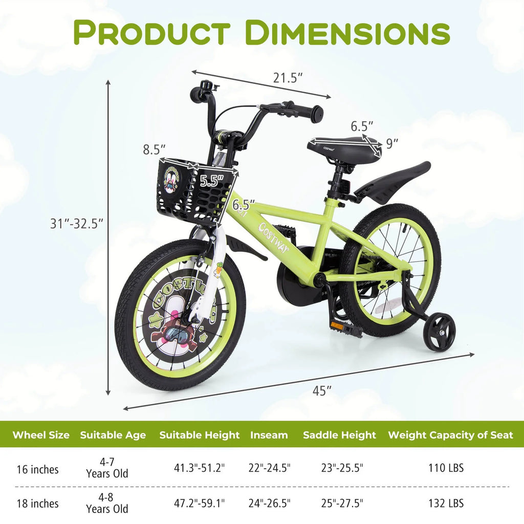 Costway 16" Kid'S Bike for 4 - 7 with Height - Adjustable Handlebar & Saddle Handbrake Blue