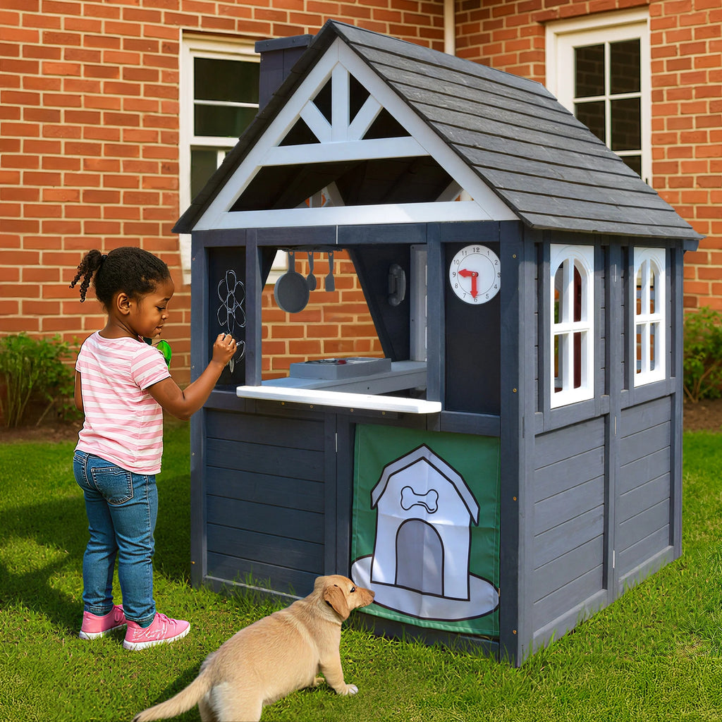 COCLUB Outdoor Playhouse for Kids Ages 4 - 8, Wooden Play House with Doorbell, Phone, Kitchen Toys, Outdoor Kids Play Equipment, Casa Para Niñas (45"l x 65"h), White & Black