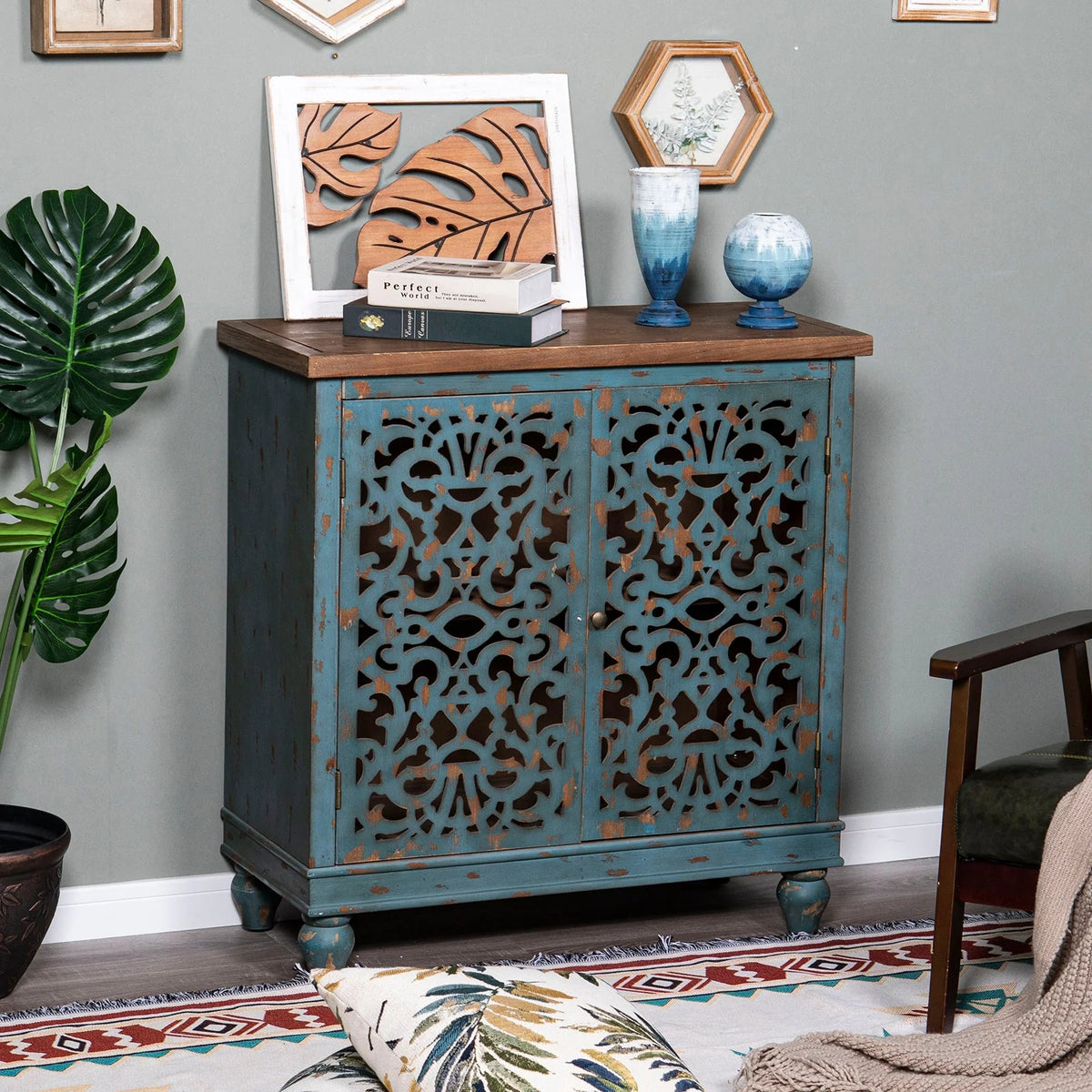Sophia & William Hollow - Carved Credenzas and Sideboards, Wood Blue, 2 Shelves