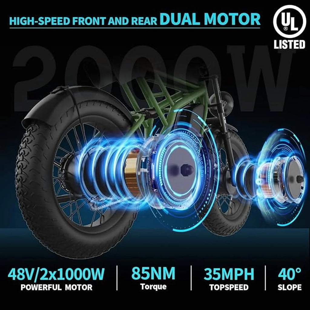 Freego F3 Pro 2000W Dual Motor Electric Bike for Adults, & Dual Battery 48V/40ah, 20"x4.0" Fat Tires Off Road Electric Bicycle with Removable Battery, 34MPH&68 Long Range E Bike UL2849