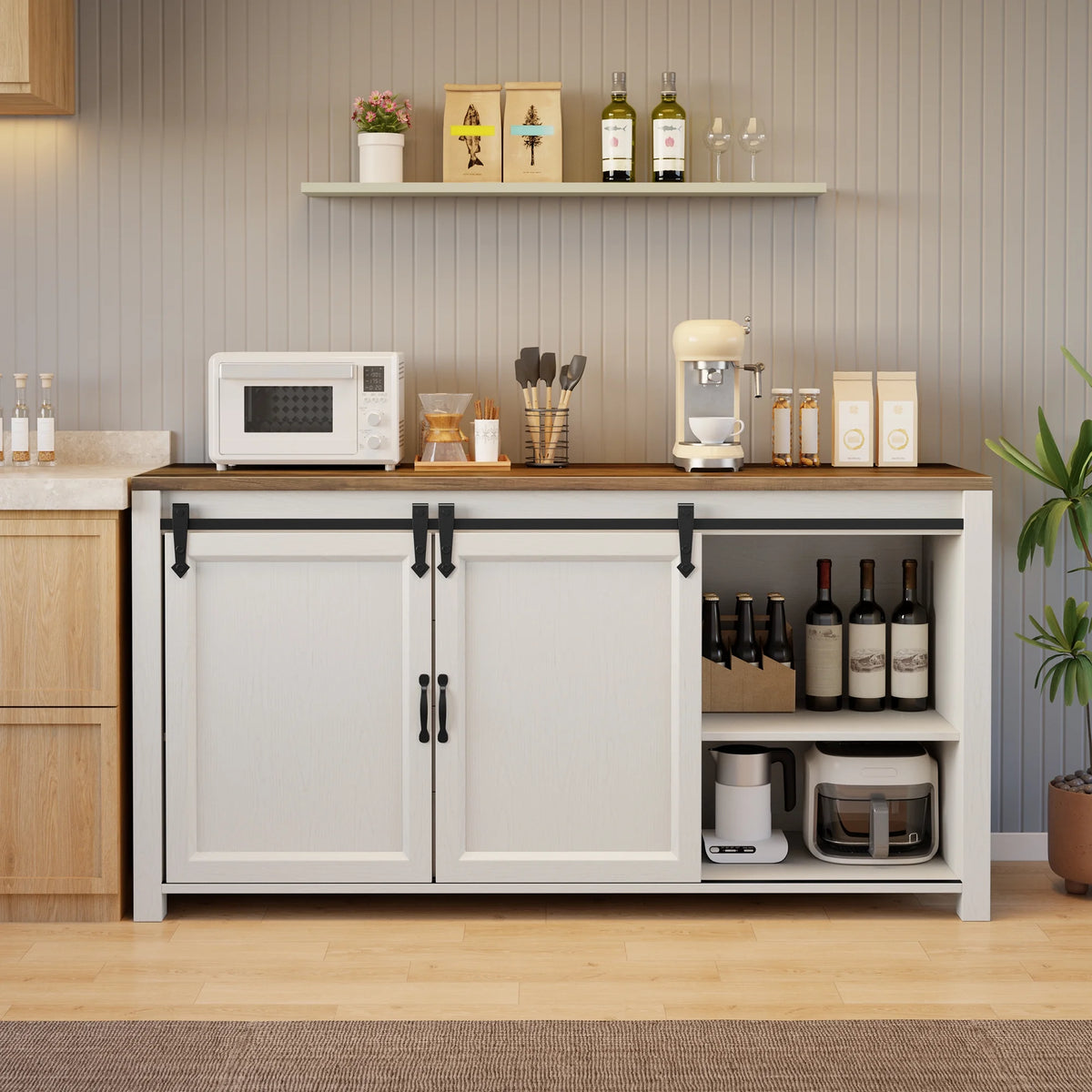 Coffee Bar Cabinet, Lofka 60" Buffet Cabinet with Storage, 2 Sliding Barn Doors & 4 Drawers for Kitchen, White + Rustic Brown