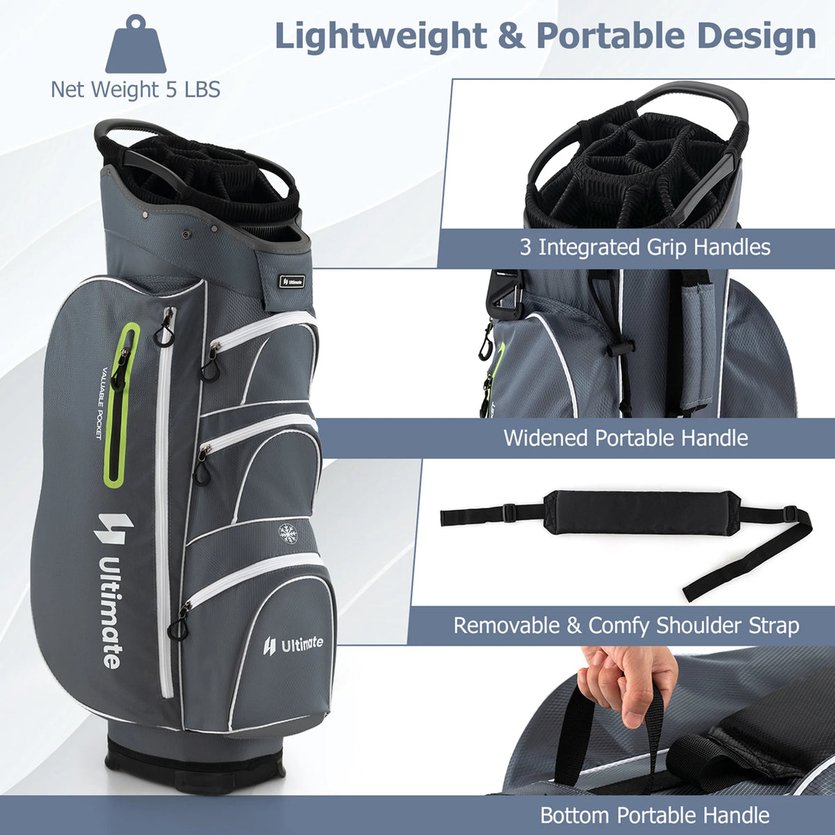 Costway Lightweight Golf Cart Bag with 15 Way Top Divider Individual Putter Well Cooler Bag Green