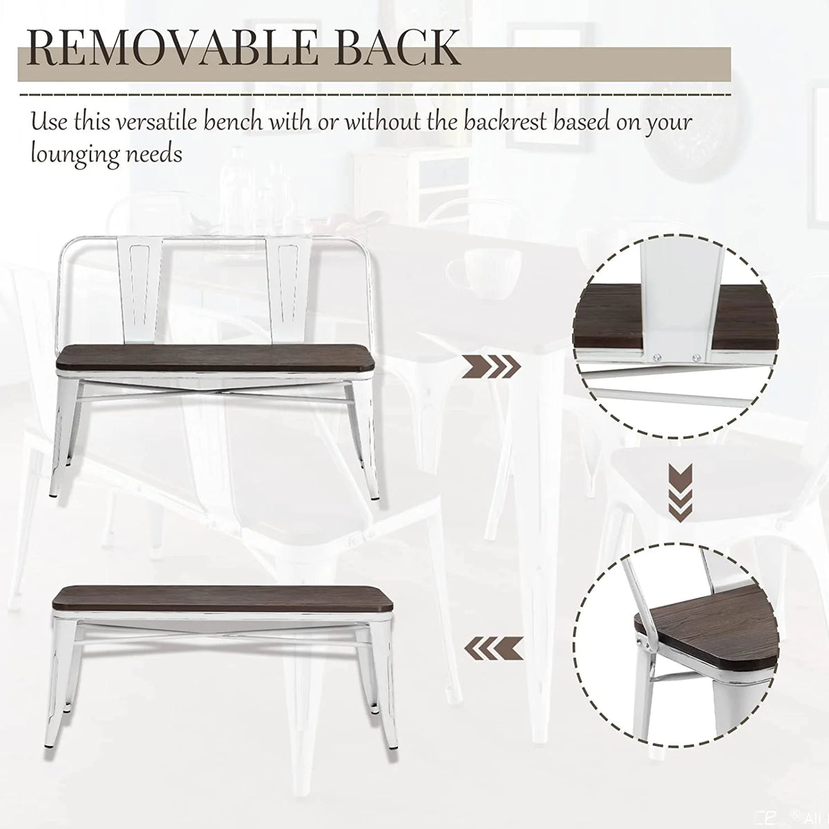 MELLCOM Metal Bench Industrial Mid - Century 2 Person Chair with Wood Seat, Dining Bench with Floor Protector