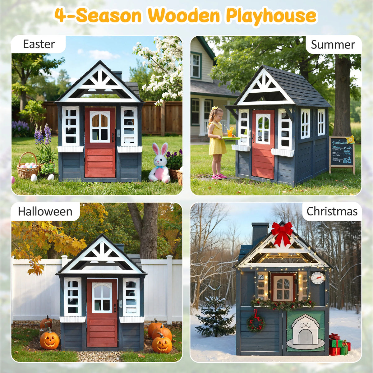 COCLUB Outdoor Playhouse for Kids Ages 4 - 8, Wooden Play House with Doorbell, Phone, Kitchen Toys, Outdoor Kids Play Equipment, Casa Para Niñas (45"l x 65"h), White & Black