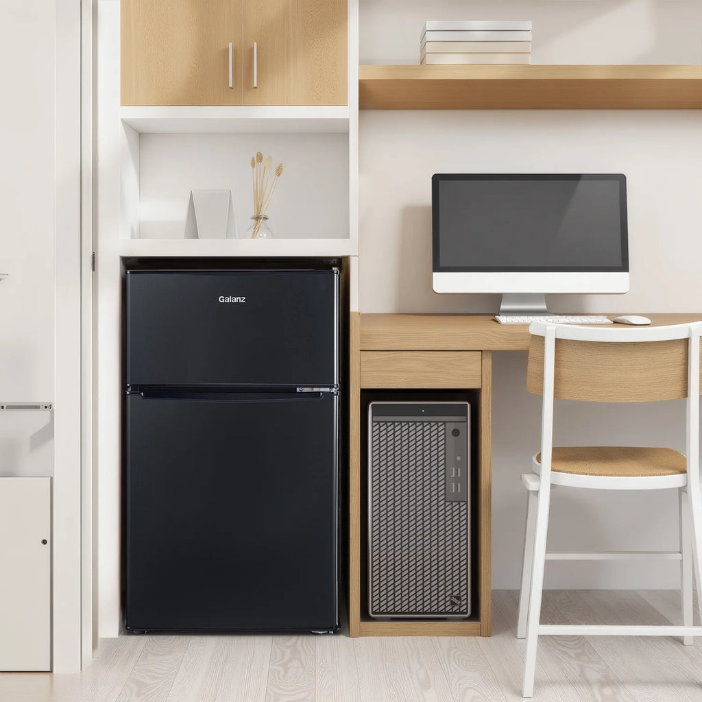 Galanz 3.1 cu ft Two Door Mini Fridge, Black, New