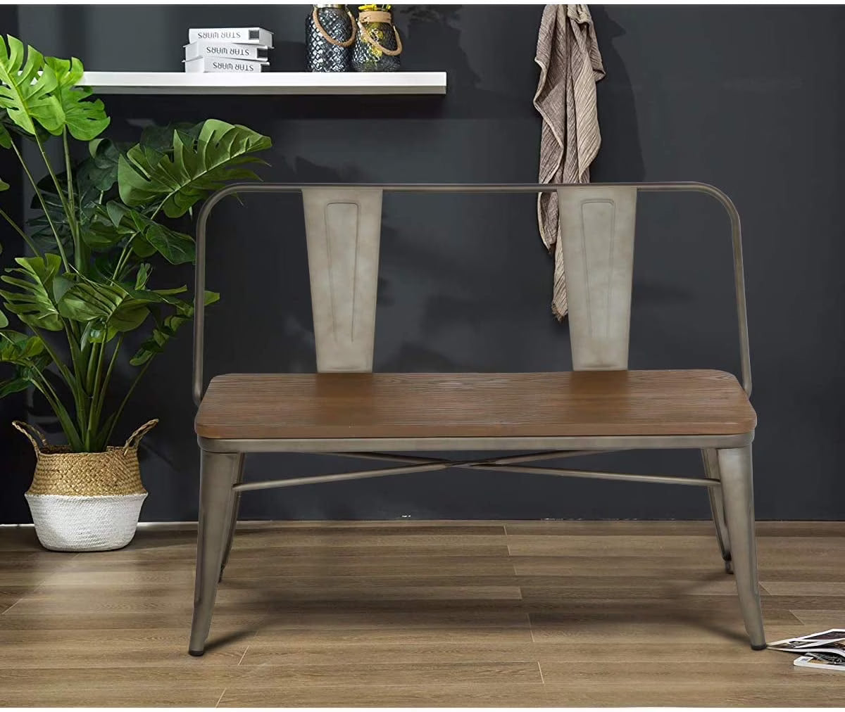 MELLCOM Metal Bench Industrial Mid - Century 2 Person Chair with Wood Seat, Dining Bench with Floor Protector